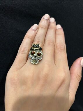 Gold Skull Cocktail Ring with Black Enamel Hat NWT